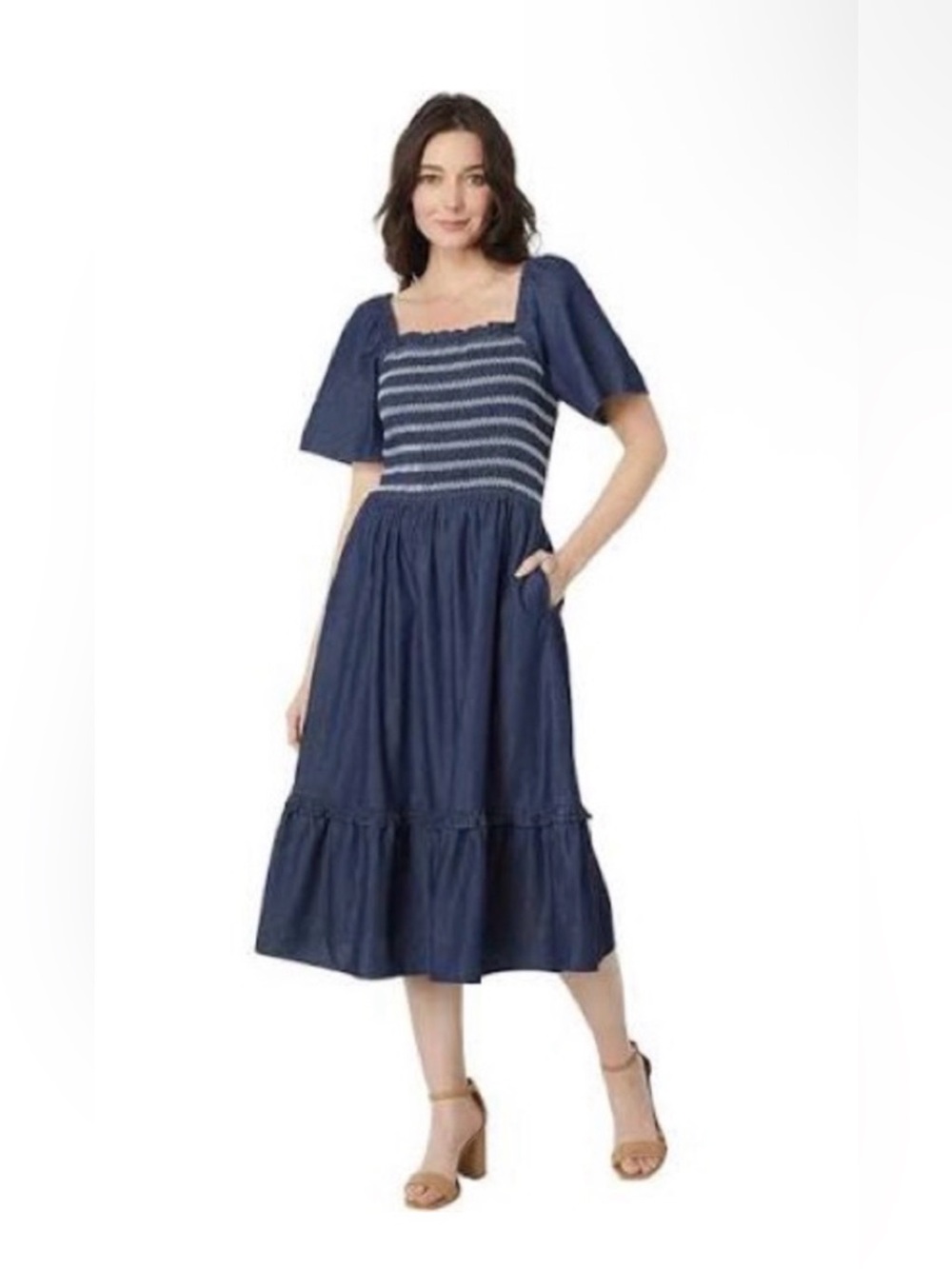 Draper James Navy Smocked Bodice Puff Sleeve Dress